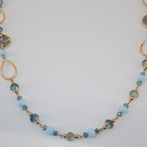 Gold & Silver Tone Aquamarine & Blue Beaded Chain Necklace Classic Work Wear 32" - Picture 3 of 9